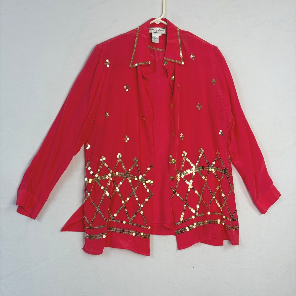 Diane Gilman Vintage Silk Sequin Shirt Set Pink Gold Button Down Medium Luxury